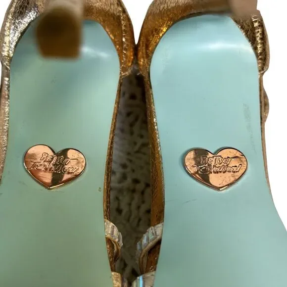 Betsey Johnson Women's High‎ Heel Shoes Sz 6 Gold Rhinestone T-Strap Dressy - Picture 9 of 11